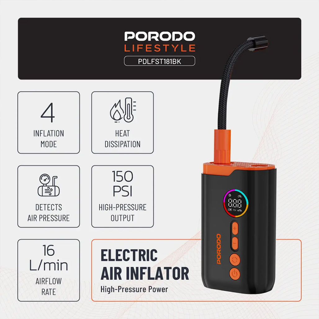 A Photo Of Porodo Lifestyle Electric Air Inflator - Black