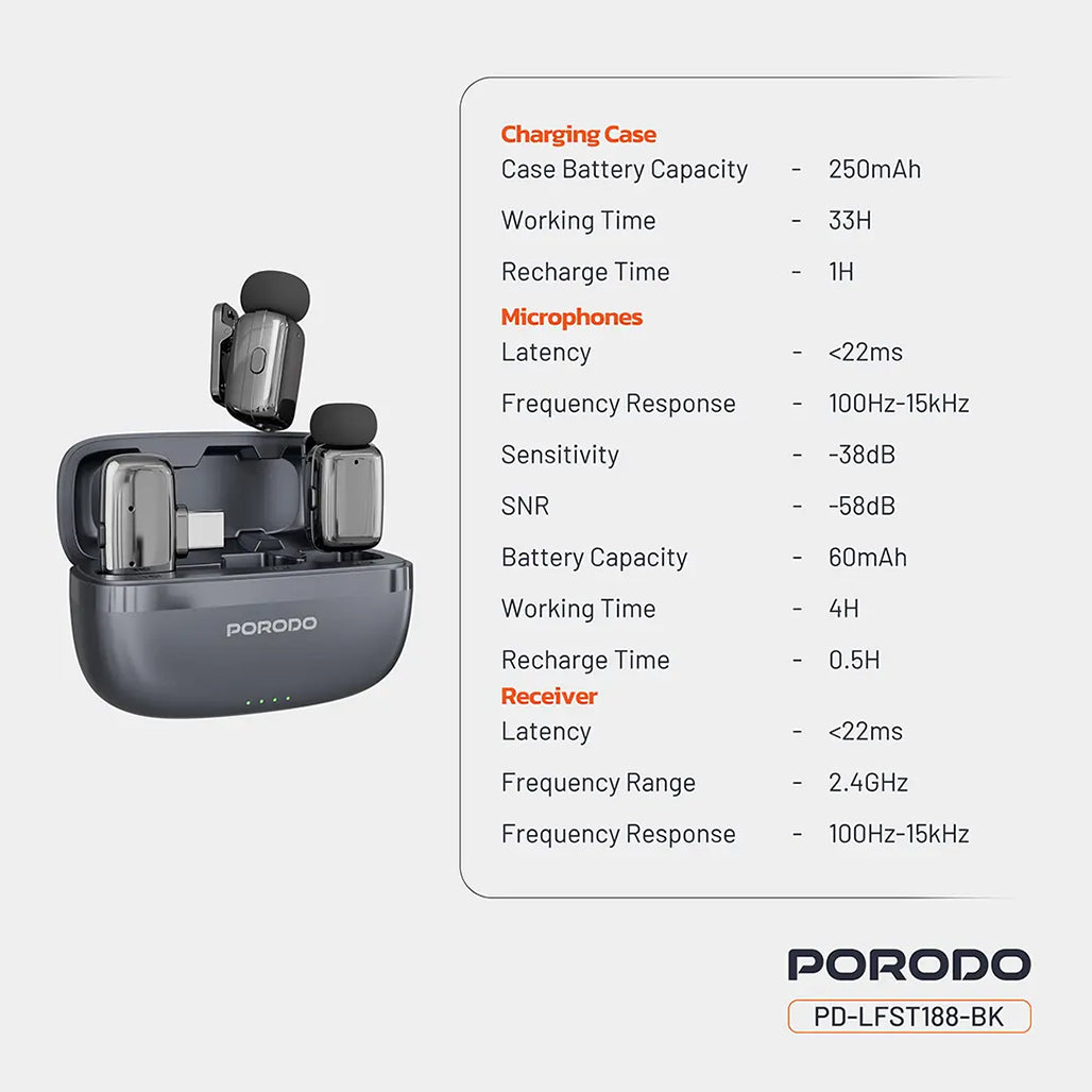 A Photo Of Porodo Wireless Lavalier Microphones Type-C - Black