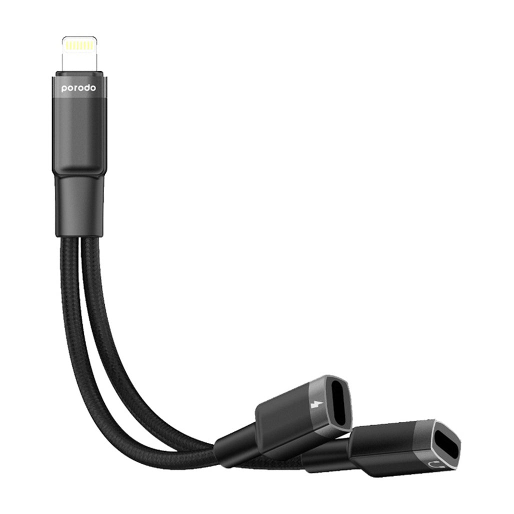 A Photo Of Porodo 2in1 Lightning to 2Lightning Jack Headphone and Charging Converter Adapter