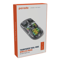 Porodo Transparent Dual-Mode Wireless Mouse with RGB Lighting and Adjustable DPI - 2.4G & Bluetooth Connectivity