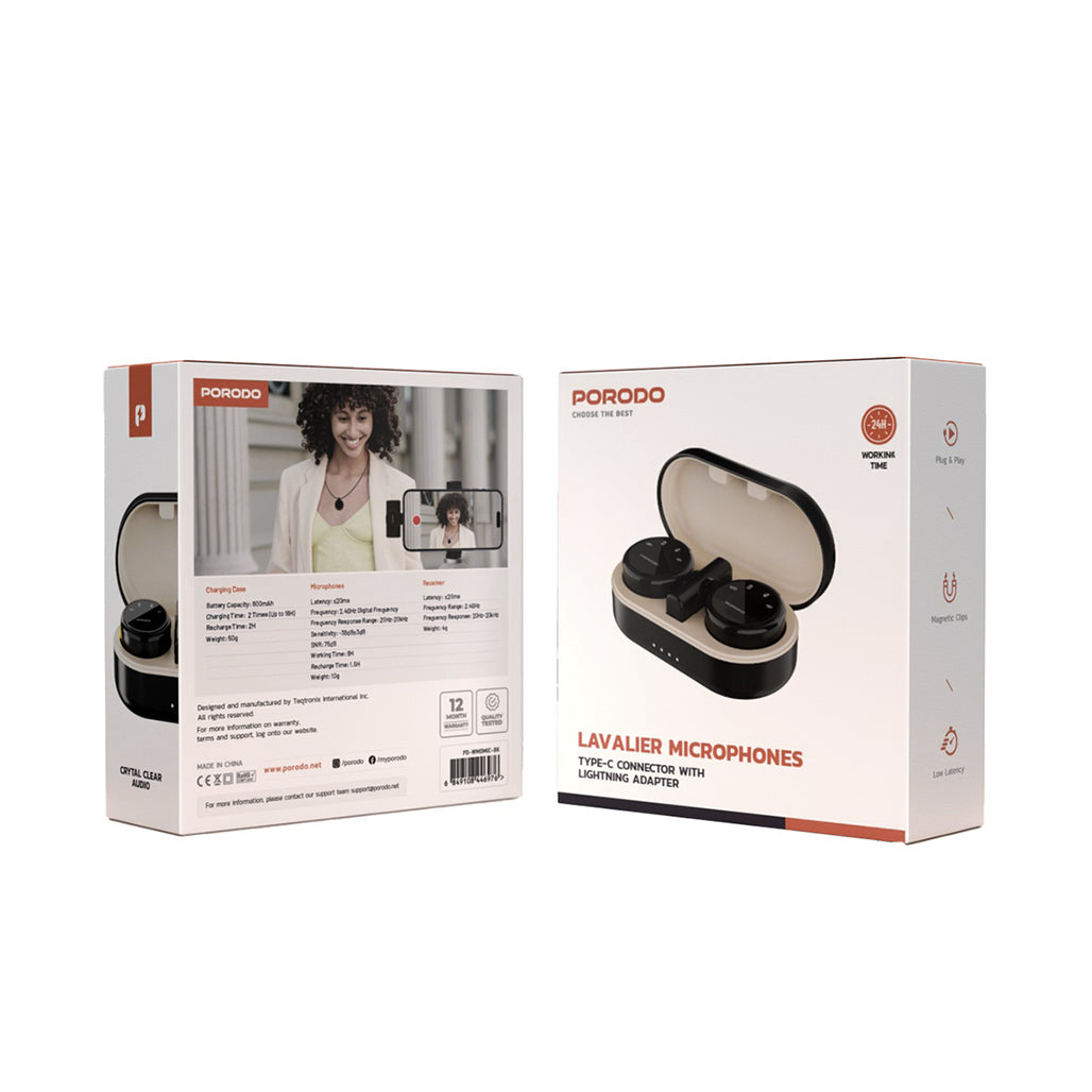 A Photo Of Porodo Lavalier Microphone - Type-C Connector and Lightning Adapter – Black