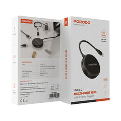 A Photo Of Porodo USB 3.0 Multi-Port Hub with USB-C Power Input – High-Speed 5Gbps Data Transfer, 4 USB Ports – Black