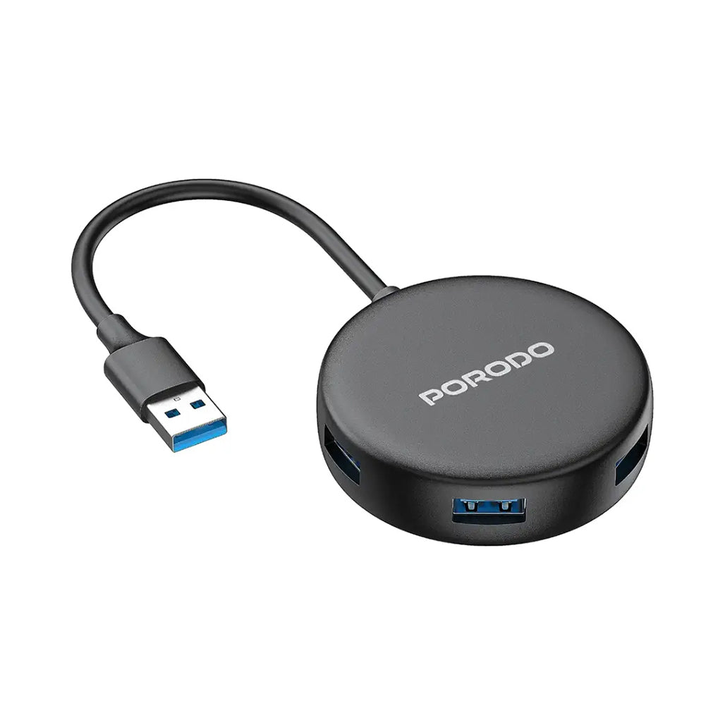 A Photo Of Porodo USB 3.0 Multi-Port Hub with USB-C Power Input – High-Speed 5Gbps Data Transfer, 4 USB Ports – Black