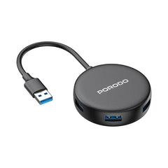 A Photo Of Porodo USB 3.0 Multi-Port Hub with USB-C Power Input – High-Speed 5Gbps Data Transfer, 4 USB Ports – Black