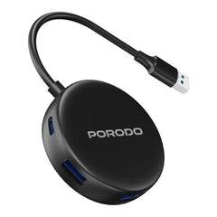 A Photo Of Porodo USB 3.0 Multi-Port Hub with USB-C Power Input – High-Speed 5Gbps Data Transfer, 4 USB Ports – Black