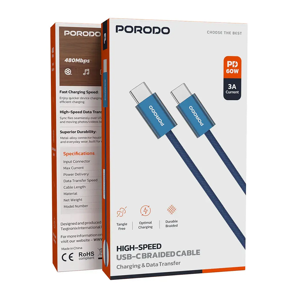 A Photo Of Porodo High-Speed USB-C Braided Cable Charging & Data Transfer - Orange