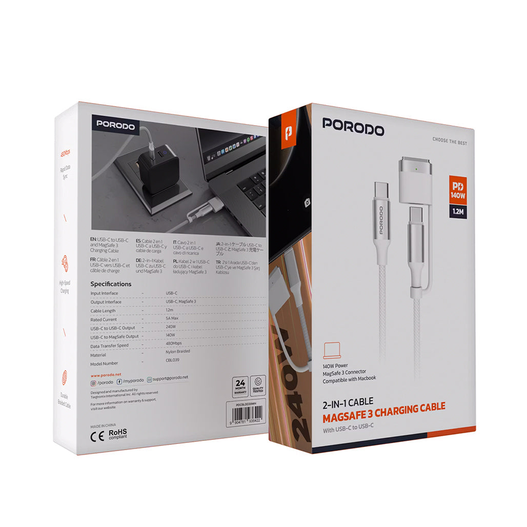 A Photo Of Porodo 2-In-1 Cable Magsafe 3 Charging Cable With USB-C To USB-C - PDCBL0039WH