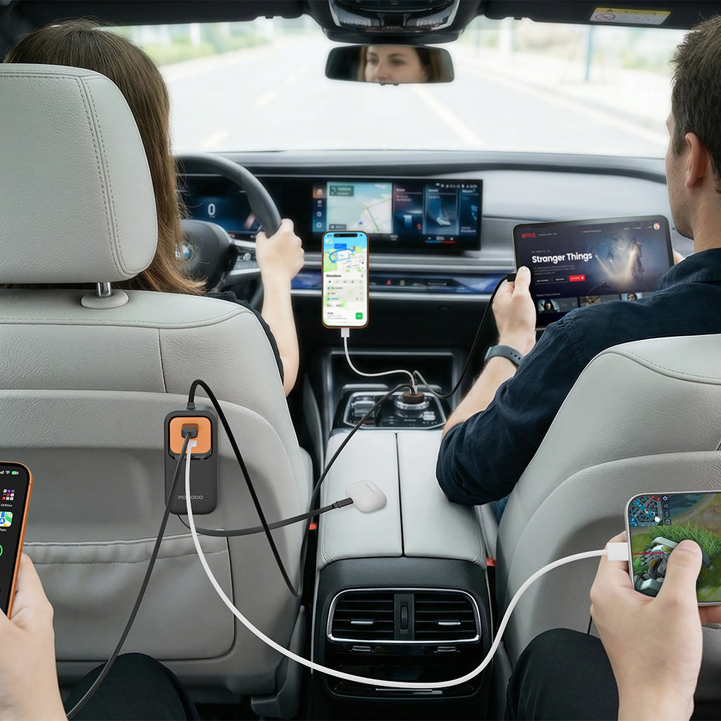 A Photo Of Porodo ENZO Multi-Port Car Charger 135W with Dual Retractable USB-C Cables