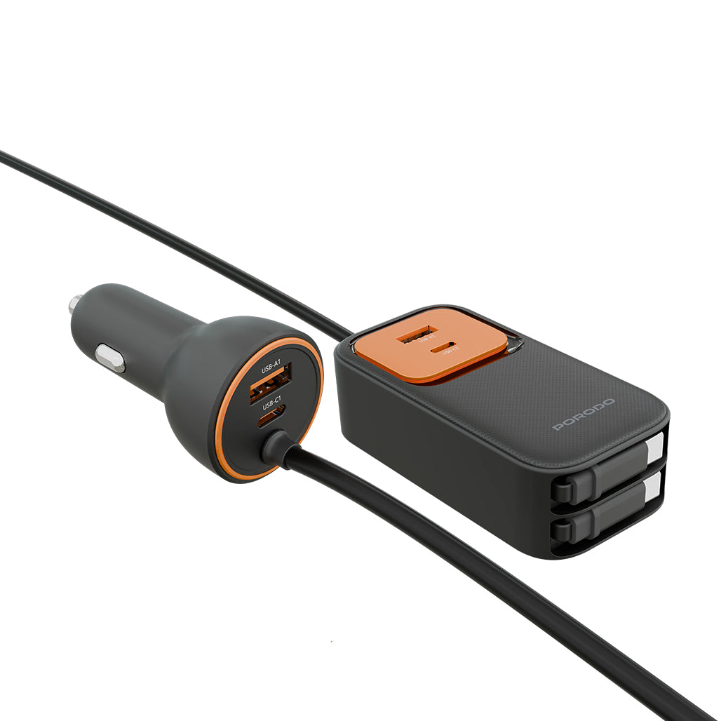 A Photo Of Porodo ENZO Multi-Port Car Charger 135W with Dual Retractable USB-C Cables