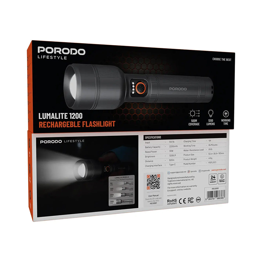 A Photo Of Porodo Lifestyle Lumalite 1200 Rechargeable Flashlight