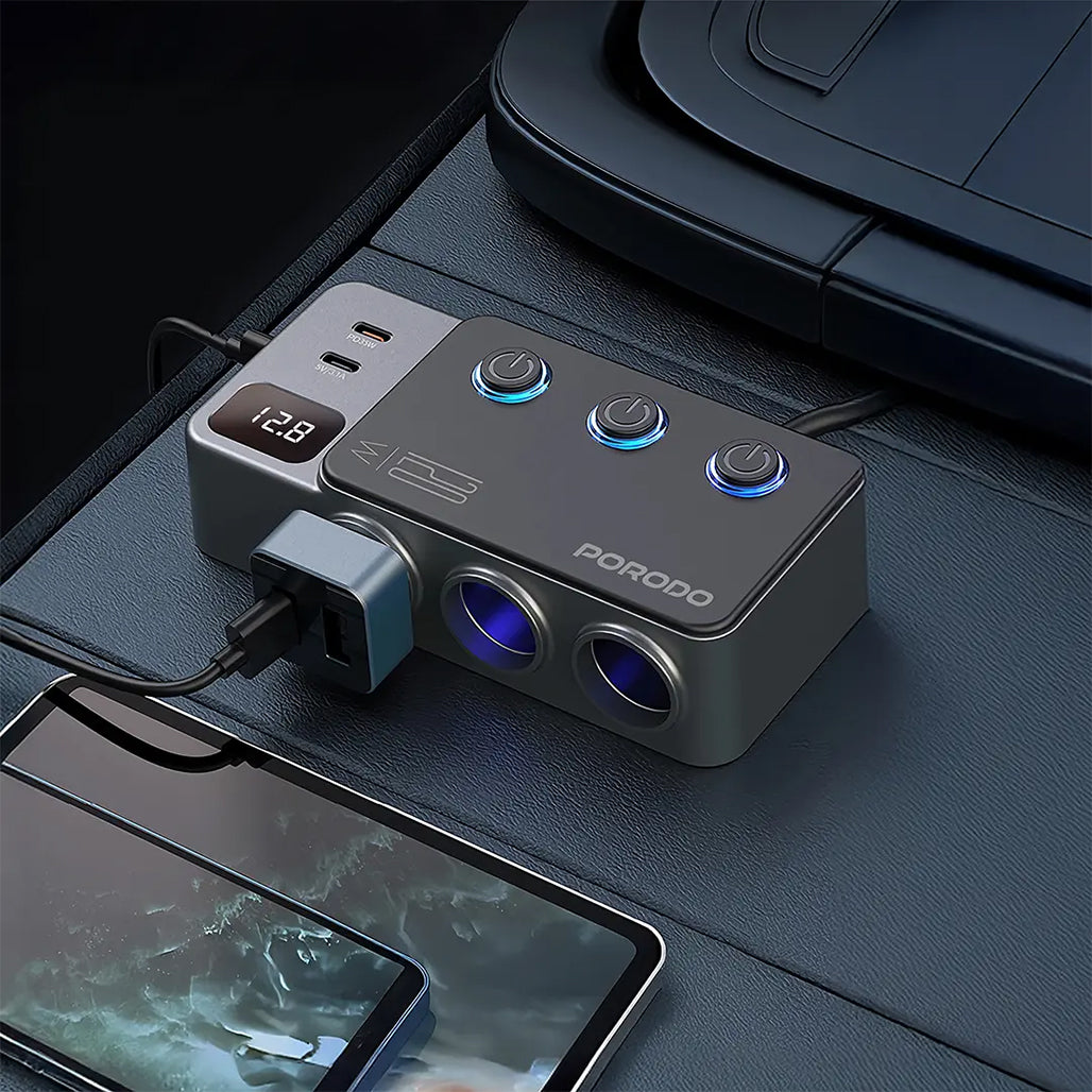 A Photo Of Porodo 120W Car Charger Hub Triple-Port Lighter Socket - Dark Gray