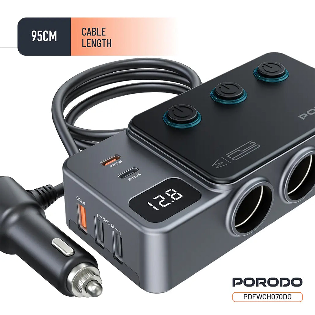 A Photo Of Porodo 120W Car Charger Hub Triple-Port Lighter Socket - Dark Gray