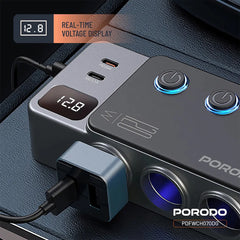 A Photo Of Porodo 120W Car Charger Hub Triple-Port Lighter Socket - Dark Gray