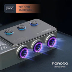 A Photo Of Porodo 120W Car Charger Hub Triple-Port Lighter Socket - Dark Gray