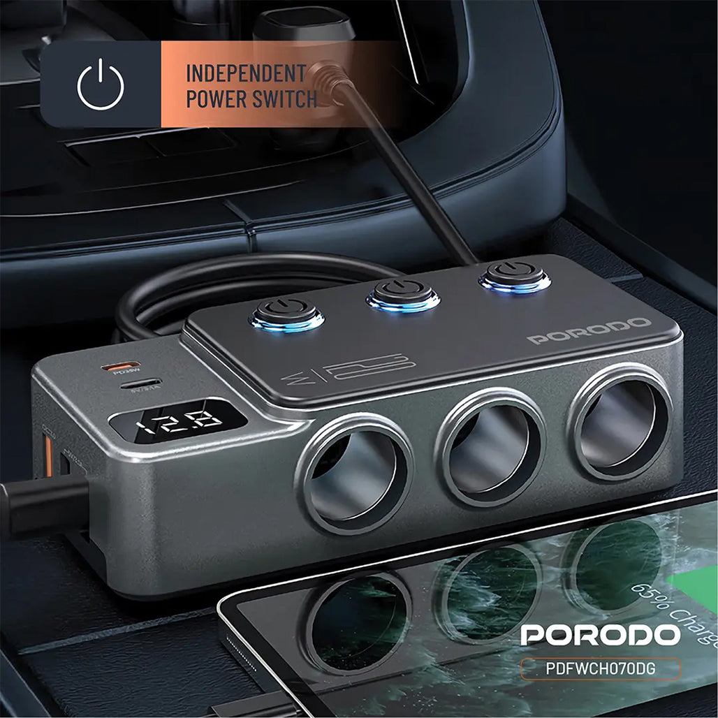 A Photo Of Porodo 120W Car Charger Hub Triple-Port Lighter Socket - Dark Gray