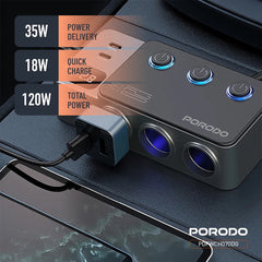 A Photo Of Porodo 120W Car Charger Hub Triple-Port Lighter Socket - Dark Gray