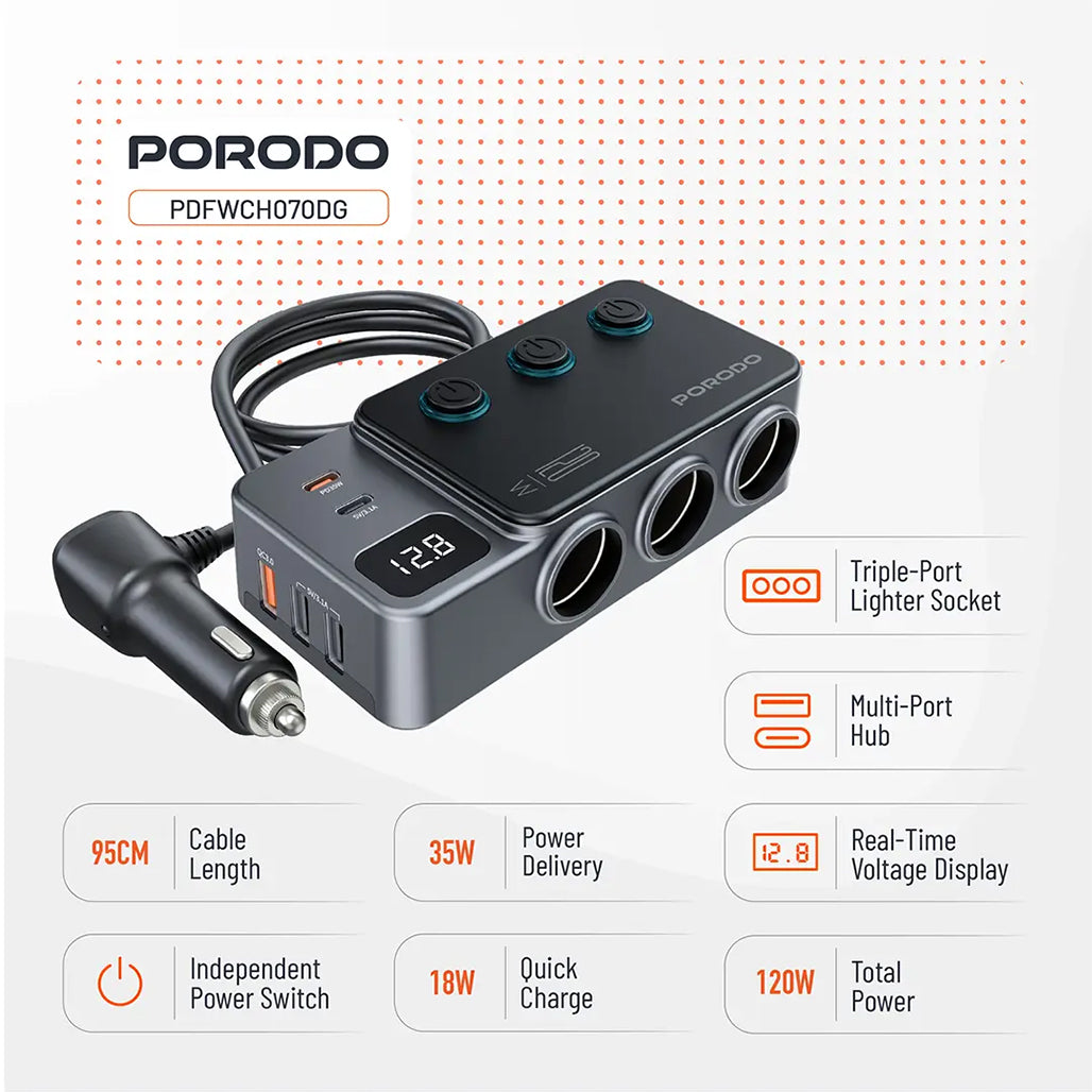 A Photo Of Porodo 120W Car Charger Hub Triple-Port Lighter Socket - Dark Gray
