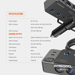 A Photo Of Porodo 120W Car Charger Hub Triple-Port Lighter Socket - Dark Gray