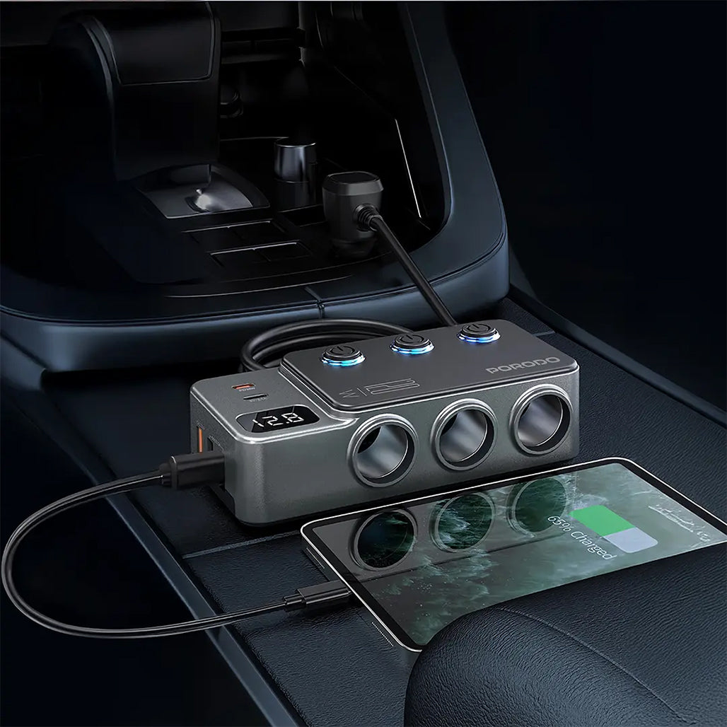 A Photo Of Porodo 120W Car Charger Hub Triple-Port Lighter Socket - Dark Gray