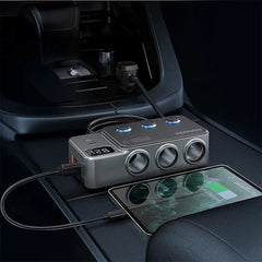 A Photo Of Porodo 120W Car Charger Hub Triple-Port Lighter Socket - Dark Gray