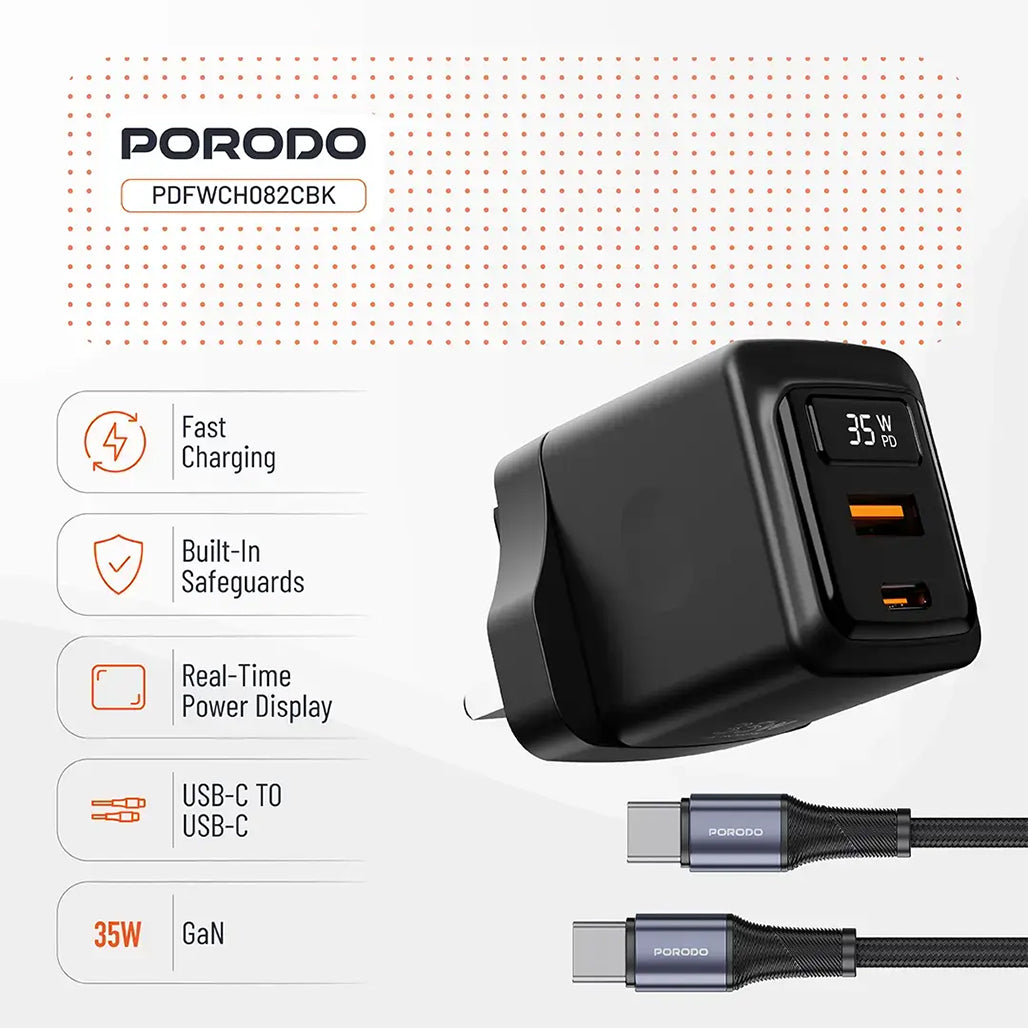 A Photo Of Porodo GaN 35W Dual Port Wall Charger with Power Display