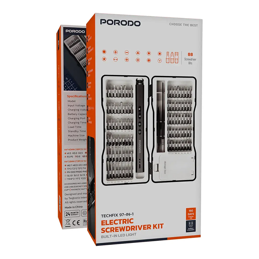 A Photo Of Porodo Techfix 97-In-1 Electric Screwdriver Kit Built-In LED Light - Black