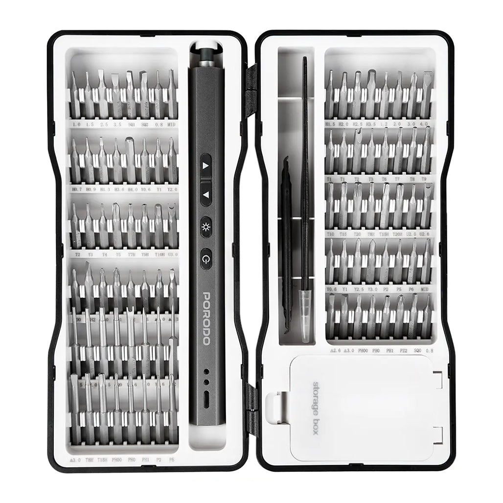 A Photo Of Porodo Techfix 97-In-1 Electric Screwdriver Kit Built-In LED Light - Black