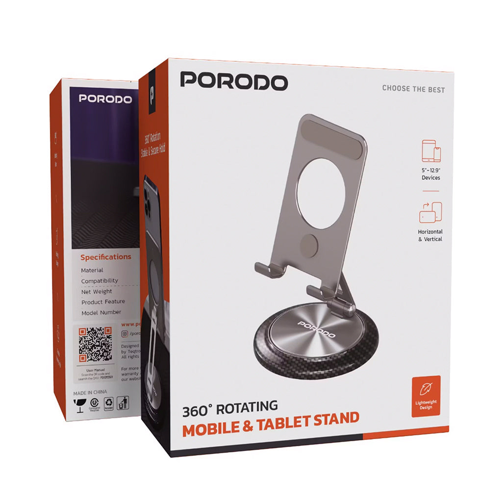 A Photo Of Porodo 360° Rotating Mobile & Tablet Stand – Adjustable Foldable Holder