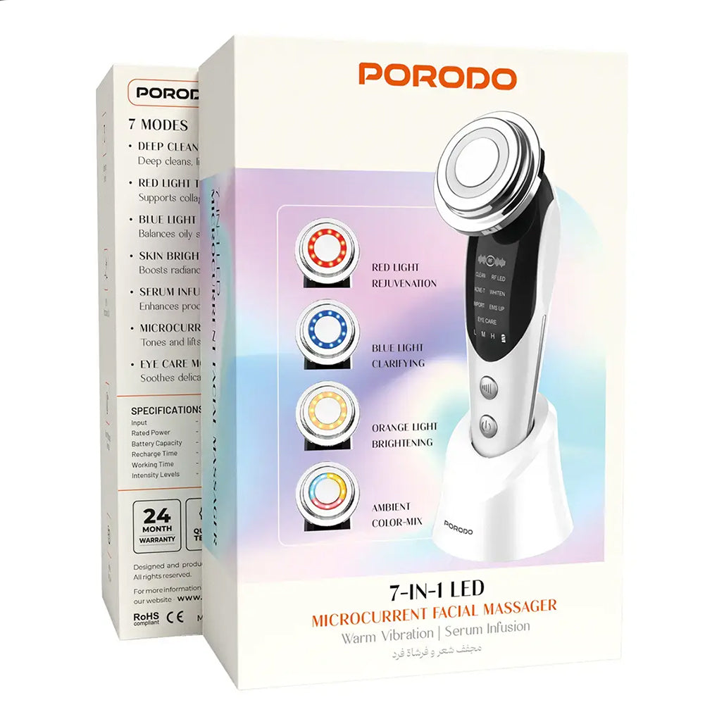A Photo Of Porodo 7-In-1 LED Microcurrent Facial Massager with Warm Vibration & Serum Infusion