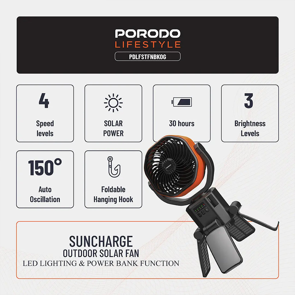 A Photo Of Porodo Lifestyle Suncharge Outdoor Solar Fan - PDLFSTFNBKOG