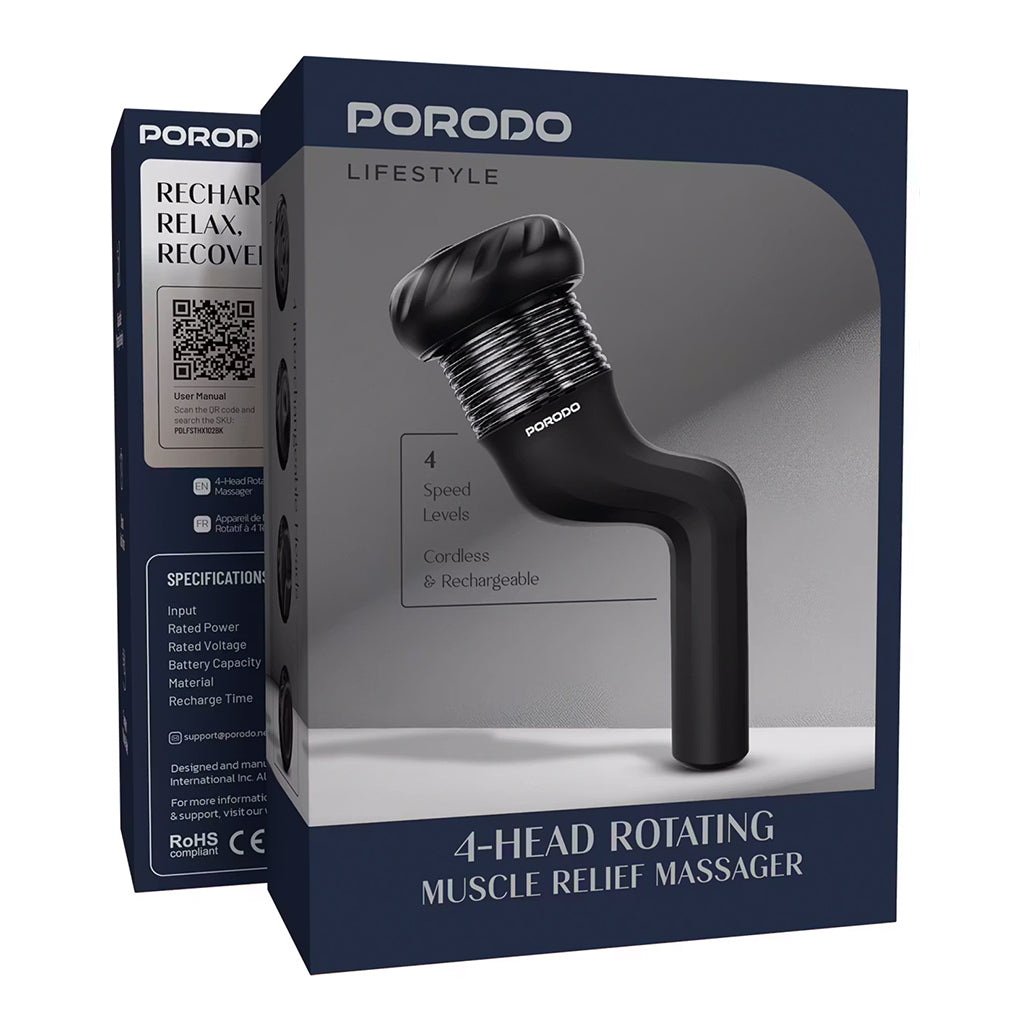 A Photo Of Porodo Lifestyle Portable Handheld Multi-Speed Rotating massager with 4 heads- Black
