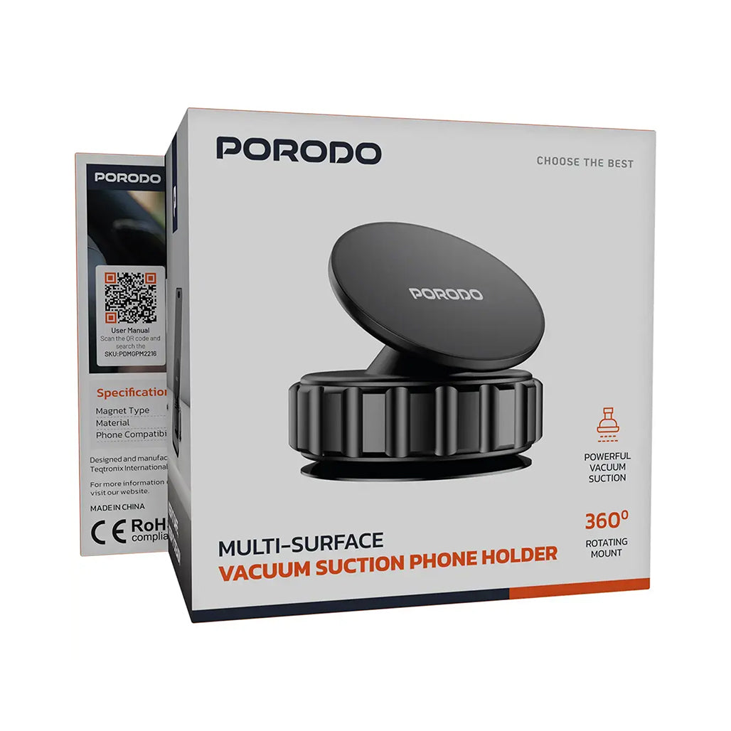 A Photo Of Porodo Multi-Surface Vacuum Suction Phone Holder - Black