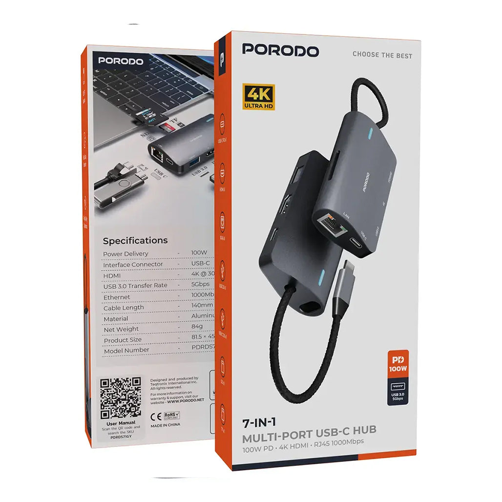 A Photo Of Porodo 7-IN-1 Multi Port USB-C Hub - PDRDS71GY
