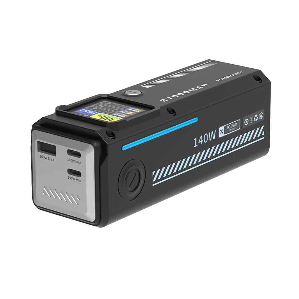 A Photo Of Powerology 27000mAh 140W PD Smart Display Power Bank – USB-C & USB-A Ports, Fast Laptop Charging, Compact Travel Battery Pack – Black