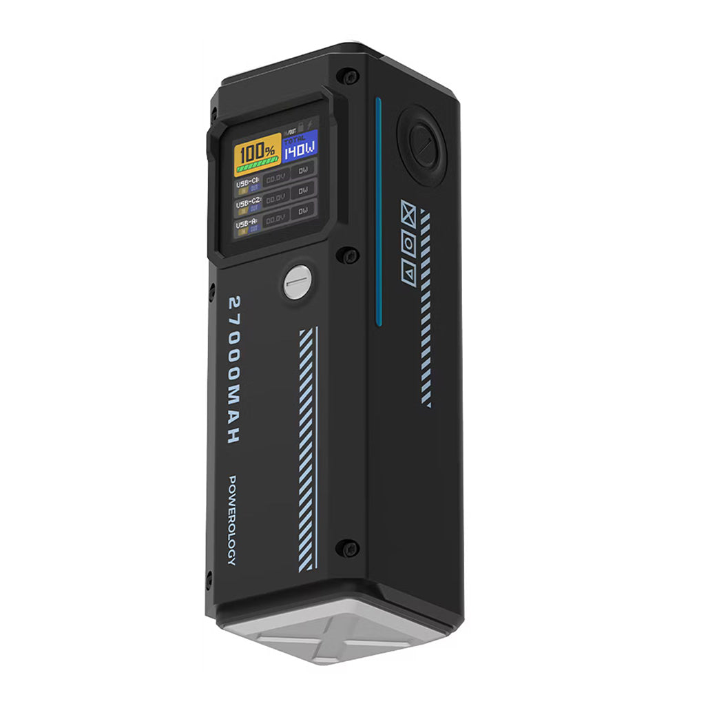 A Photo Of Powerology 27000mAh 140W PD Smart Display Power Bank – USB-C & USB-A Ports, Fast Laptop Charging, Compact Travel Battery Pack – Black