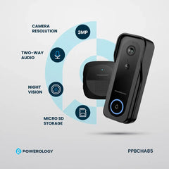 A Photo Of Powerology Smart WiFi Video Doorbell Camera with 3MP HD, Night Vision & 2-Way Audio – Black