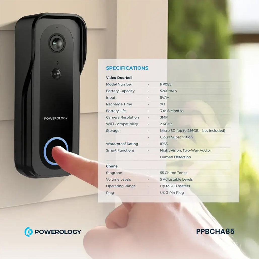 A Photo Of Powerology Smart WiFi Video Doorbell Camera with 3MP HD, Night Vision & 2-Way Audio – Black