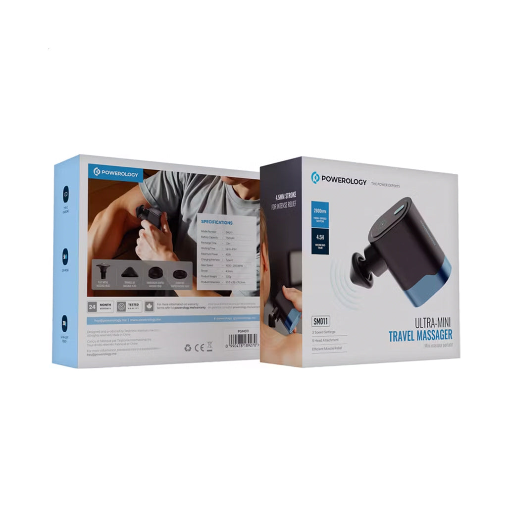A Photo Of Powerology Ultra-Mini Portable Massage Gun – 5 Attachments, 3 Speeds, Quiet Design, USB-C Charging, 750mAh Battery, 4.5-Hour Runtime – Black
