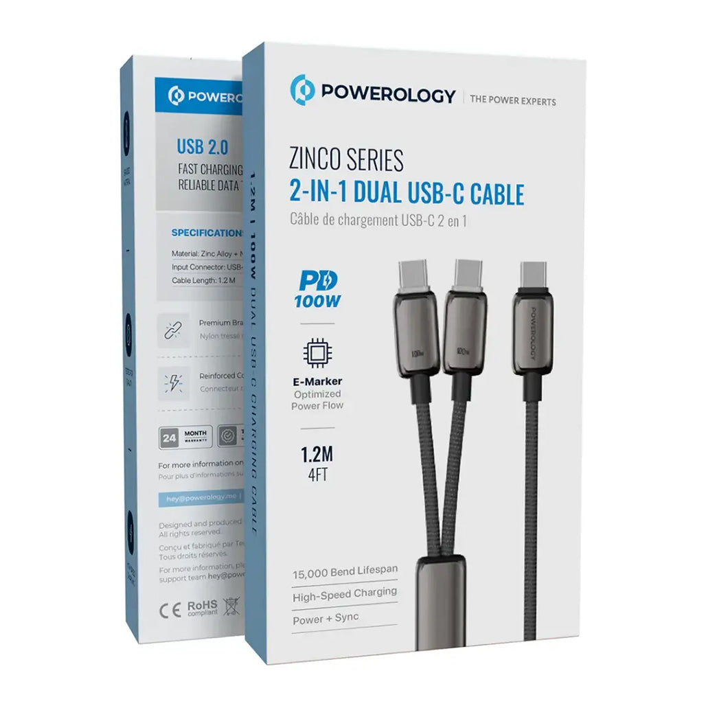 A Photo Of Powerology Zinco Series 2-In-1 Dual USB-C Cable - Dark Gray