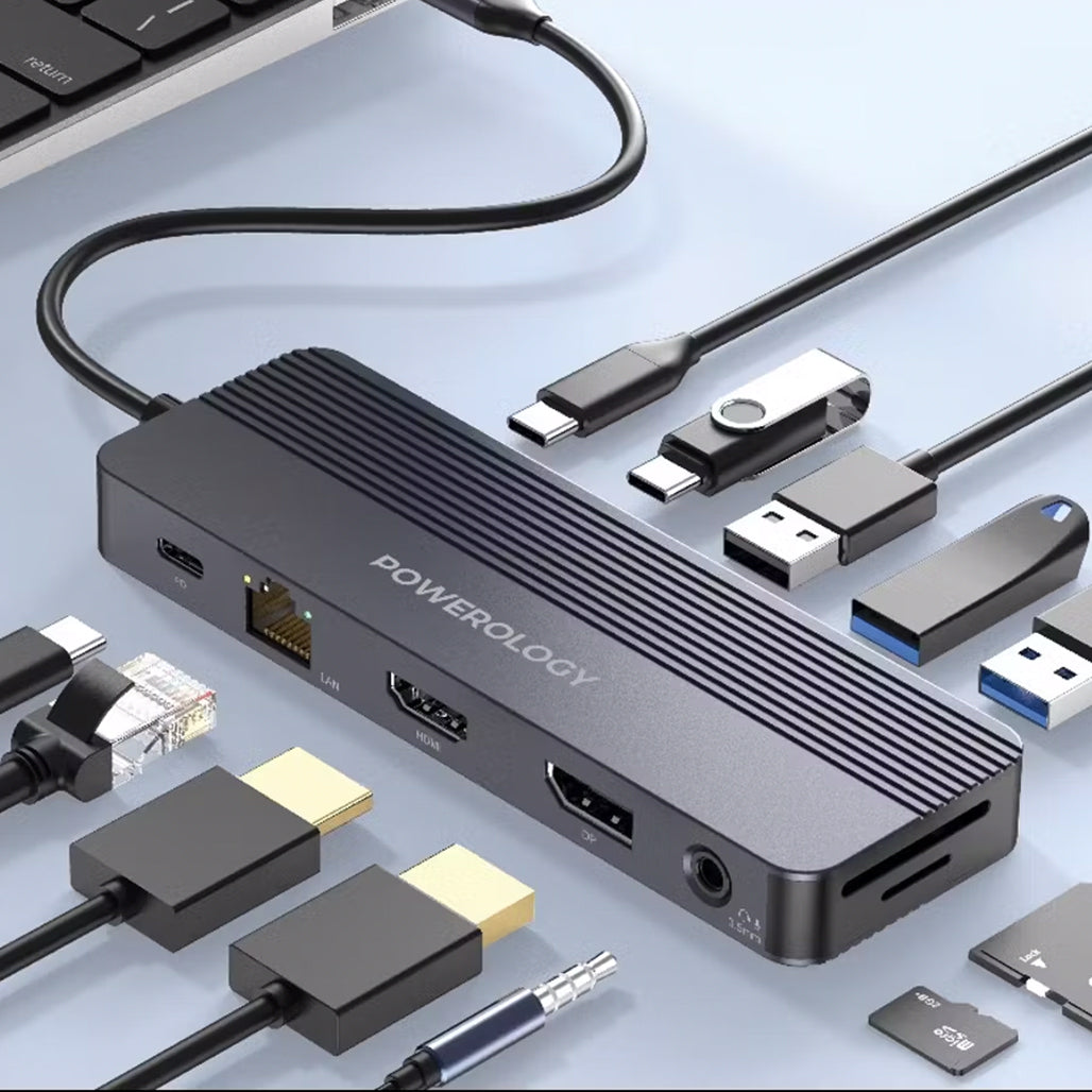 A Photo Of Powerology 12-in-1 USB-C Multi-Port Hub with 4K Dual Display