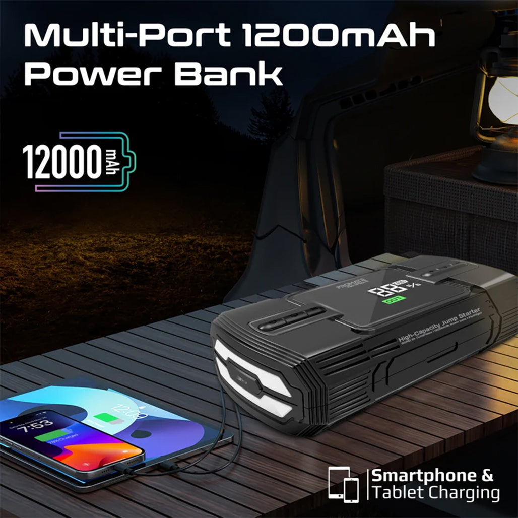 A Photo Of Promate PatrolPack-3 Car Jump Starter with 150PSI Air Compressor, 12000mAh Power Bank & LED Flashlight