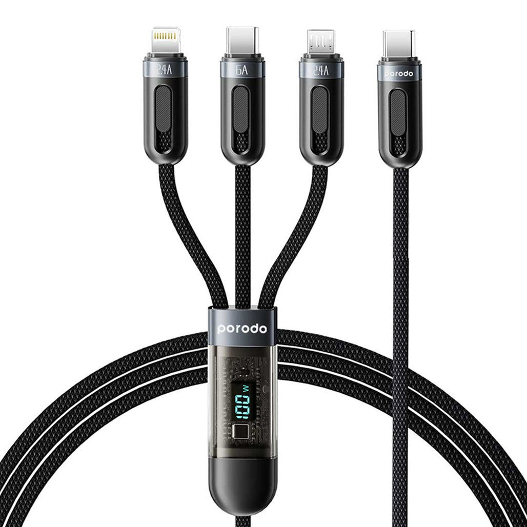 A Photo Of Porodo 3-IN-1 Digital-Display Fast Charging 1.2M Cable C to C+L+M - Black