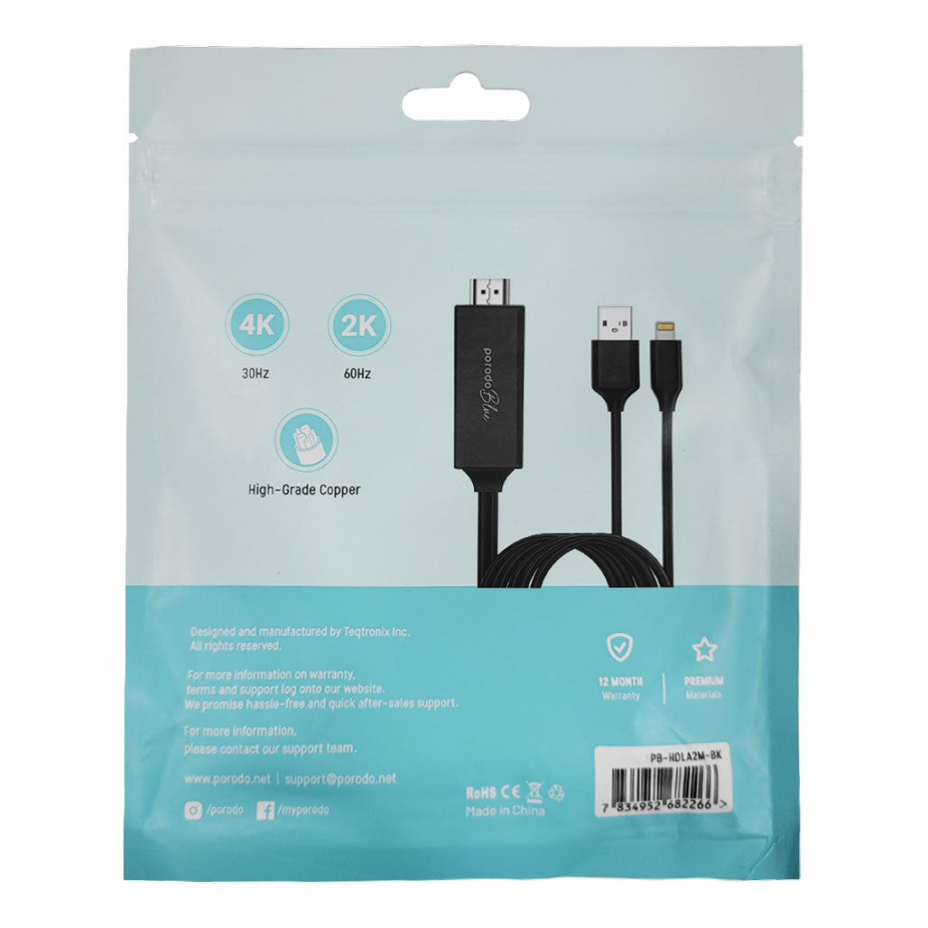 A Photo Of Porodo Blue PB-HDLA2M-BK Lightning to HDMI Ultra HD