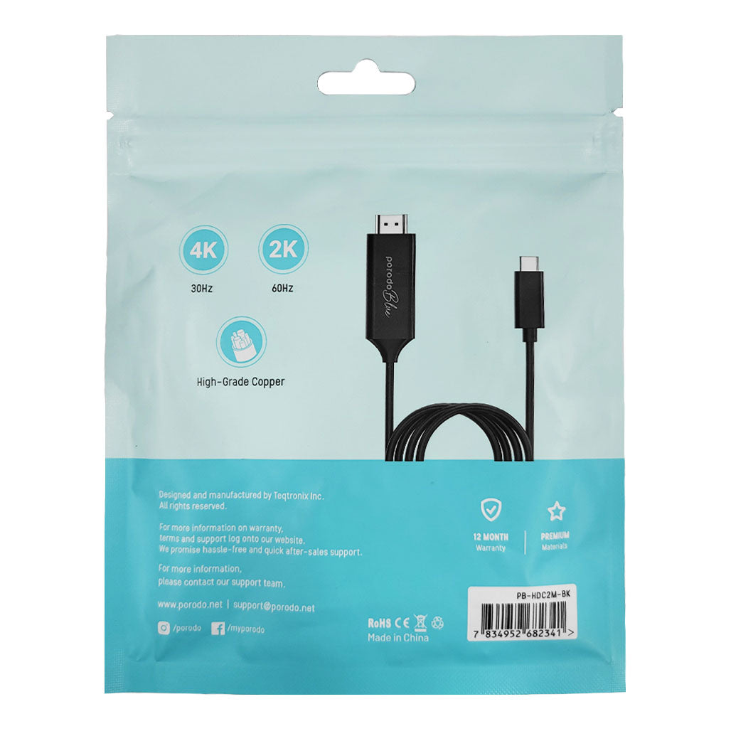 A Photo Of Porodo Blue PB-HDC2M-BK Type-C to HDMI Ultra HD 4K 2m