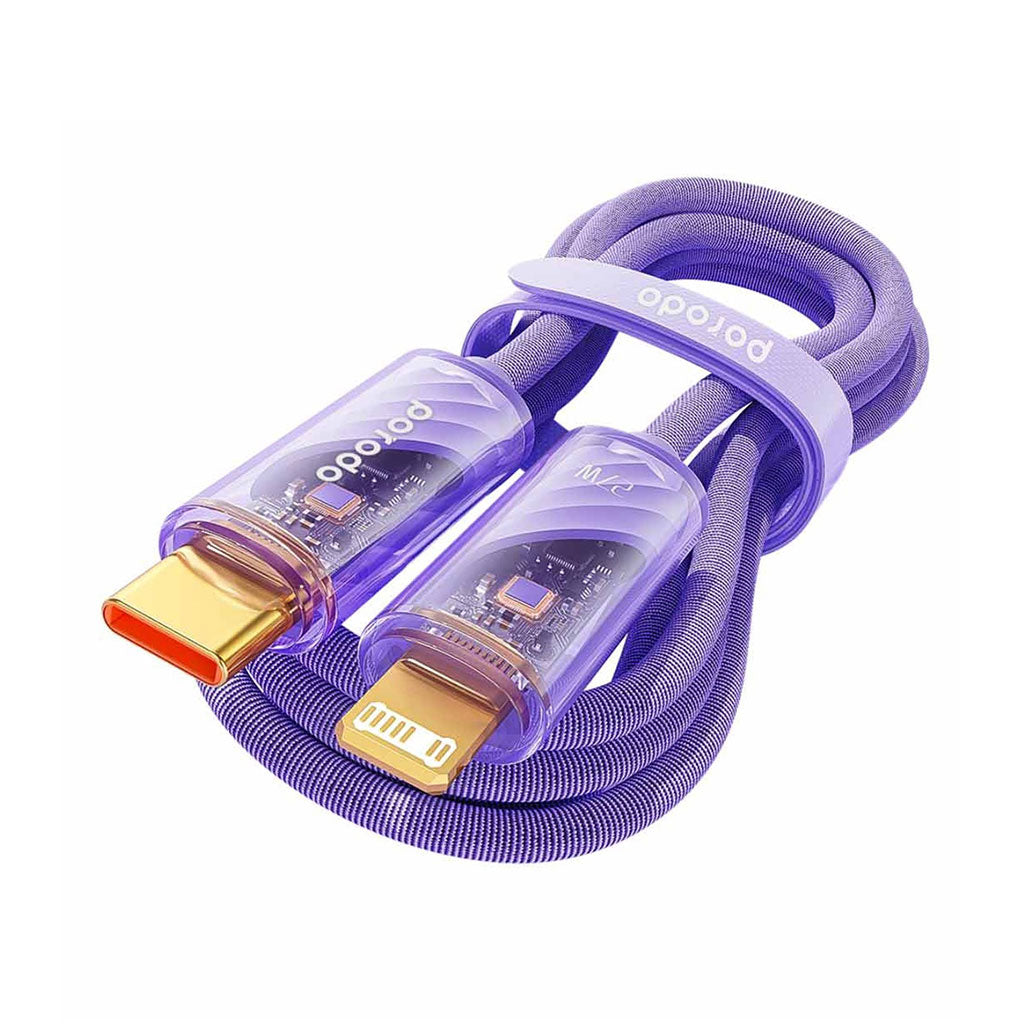 A Photo Of Porodo Braided 27W PD - C to Lightning Cable With Transparent Head - 1M