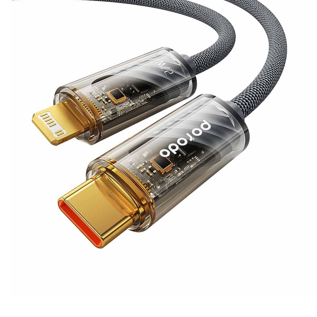 A Photo Of Porodo Braided 27W PD - C to Lightning Cable With Transparent Head - 1M