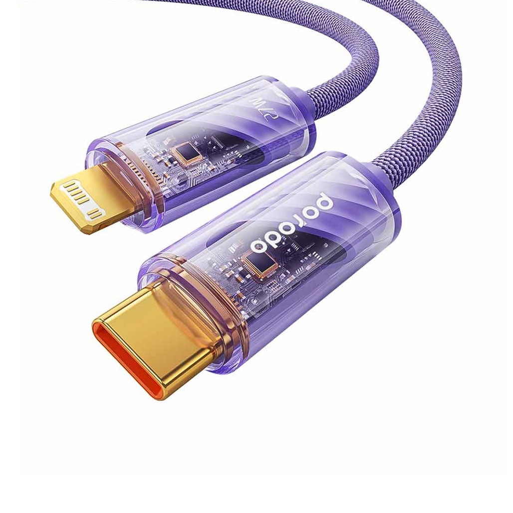 A Photo Of Porodo Braided 27W PD - C to Lightning Cable With Transparent Head - 1M