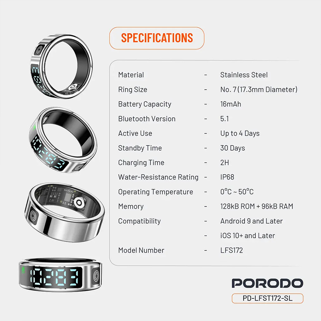 A Photo Of Porodo FitSync Smart Ring Size 7 – Stainless Steel Smart Fitness Ring