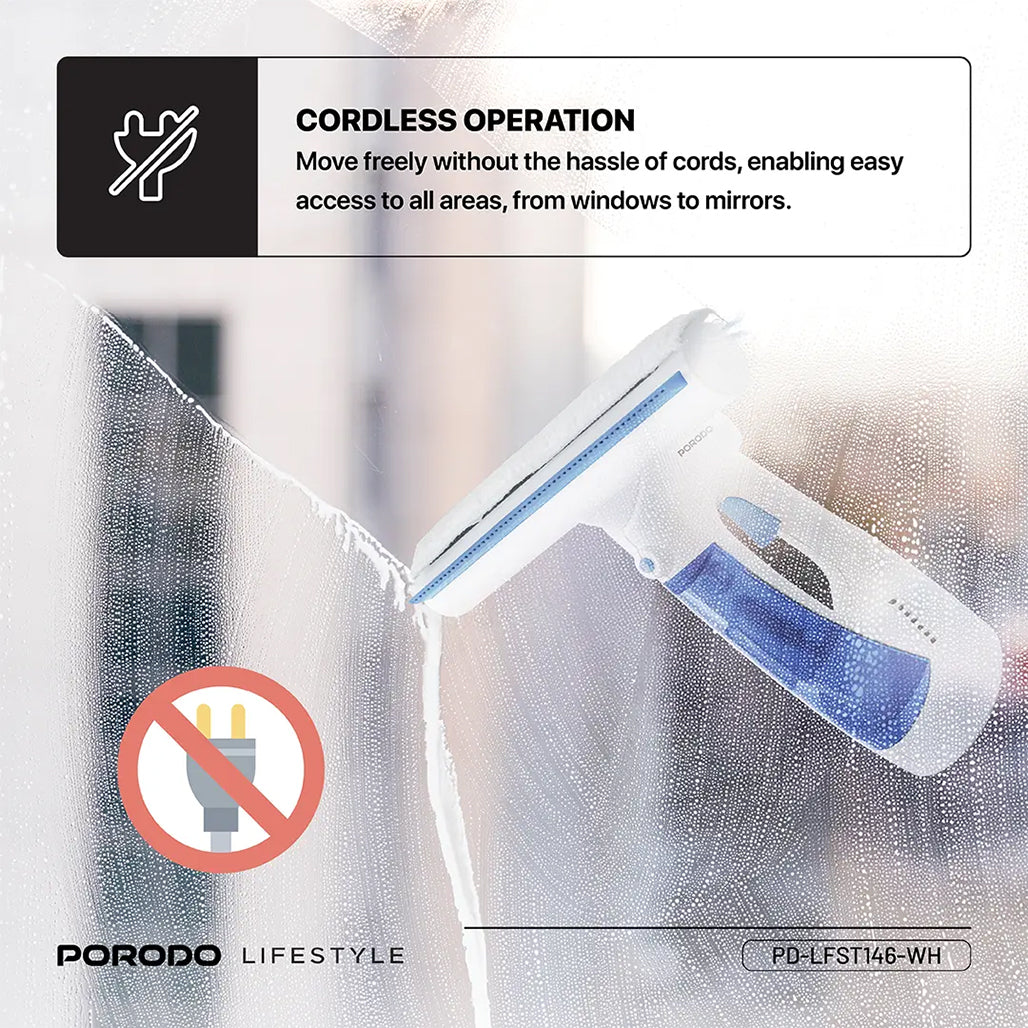 A Photo Of Porodo Lifestyle Handheld Window Cleaner – Rechargeable Glass Cleaning Vacuum with Spray, Wipe & Dry Function – 30-Min Runtime