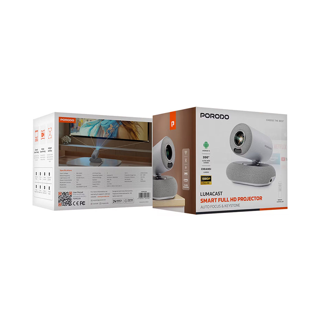 A Photo Of Porodo Lumacast - Smart Full HD Projector Auto Focus & Keystone
